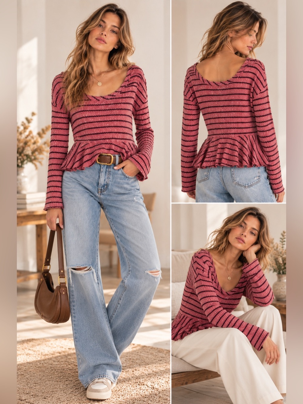 Free People Dusty Rose & Black Striped Peplum Sweater